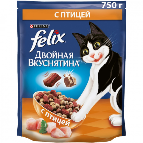 Сухой корм Двойная Вкуснятина для взрослых кошек, с птицей, 750 г