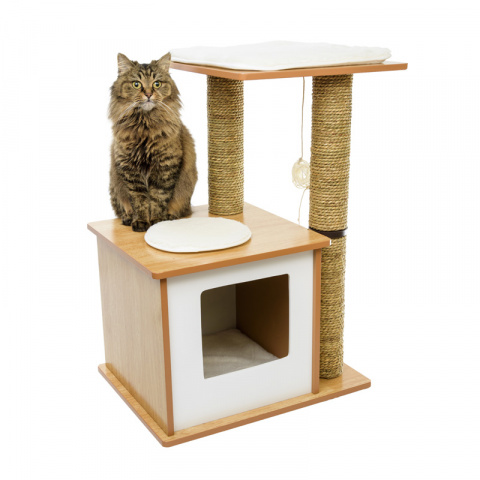Спально-игровой комплекс для кошек с домиком и когтеточкой Lykke двухъярусный с игрушкой, коричневый/белый, 48х37х68 см 2