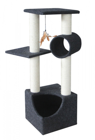 Дом-когтеточка для кошек FABRIZIO с полочками и подвесной игрушкой, серый, 35x35x105 см