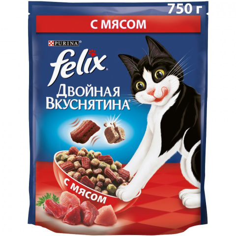 Двойная Вкуснятина сухой корм для взрослых кошек для взрослых кошек с мясом, 750 г