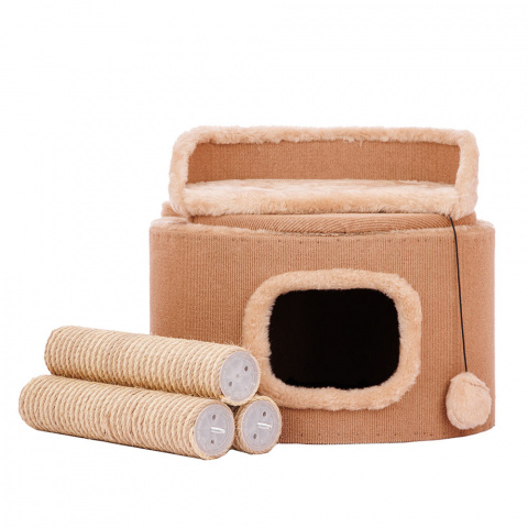 Дом-когтеточка для кошек круглый с лежанкой и игрушкой, бежевый, , 51х51х123 см 5