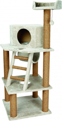 Спально-игровой комплекс для кошек с домиком и когтеточкой Marlena многоярусный, светло-серый, 60х60х151 см