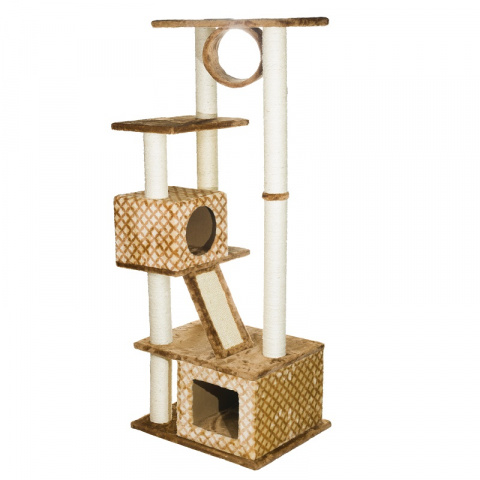 Игровой комплекс для кошек с домиком и когтеточкой ALETARE многоярусный, с площадками и лежаками, бежевый/коричневый, 158x50x60 см