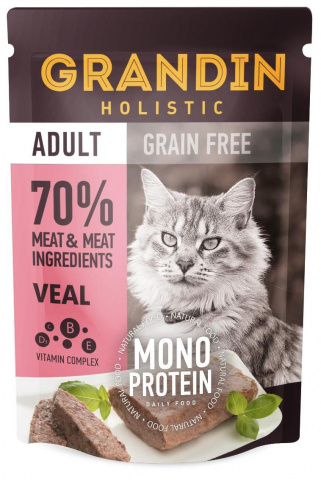 Monoprotein Grain free Влажный корм (пауч) для взрослых кошек, патэ из нежного мяса телятины в желе, 85 гр.