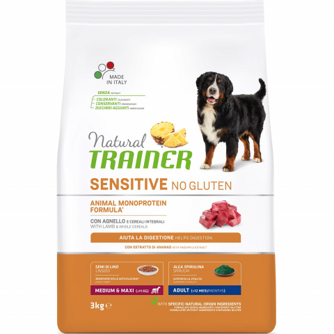 Natural trainer No gluten Adult Сухой корм для собак средних и крупных пород, с ягненком и рисом, 12,5 кг