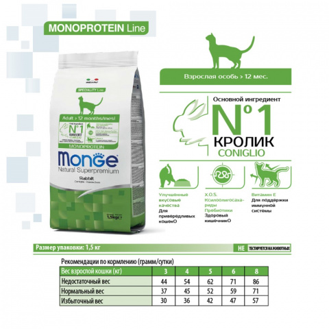 Monoprotein корм для взрослых кошек, с кроликом, 1,5 кг 6