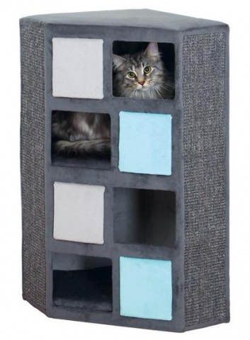 Игровой комплекс для кошек Pino угловой с домиком-лабиринтом, серый/светло-серый/бирюзовый, 42х42х80 см