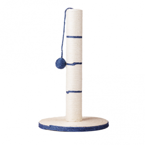 Когтеточка-столбик для кошек Darsy на подставке с шариком из сизаля, бежевый/синий, 35х35х64 см