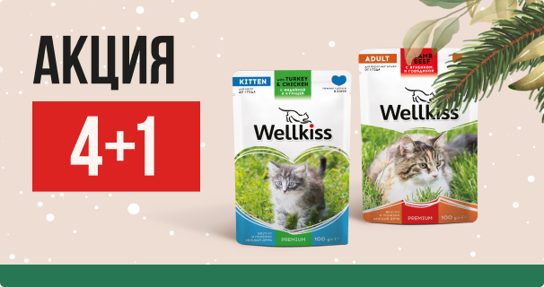 Wellkiss: 4+1 влажный корм для кошек в подарок