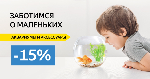 Скидка 15% на аквариумы и аксессуары при покупке рыбки, рептилии или земноводного