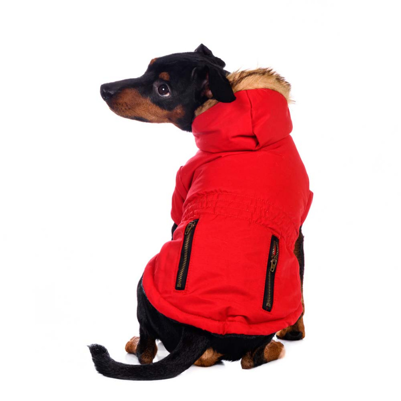 Куртка для собак приталенная с меховым капюшоном красная L 8