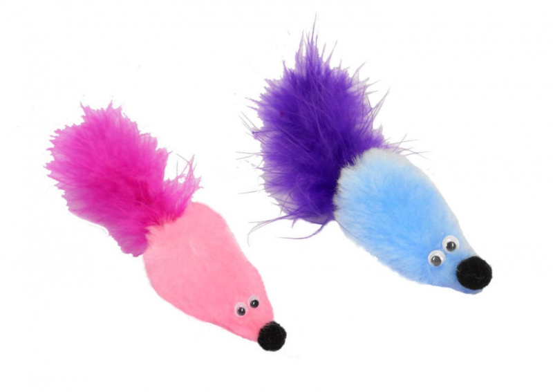 Игрушка для кошек Мышь голубая и розовая с перьевым хвостом 7 см