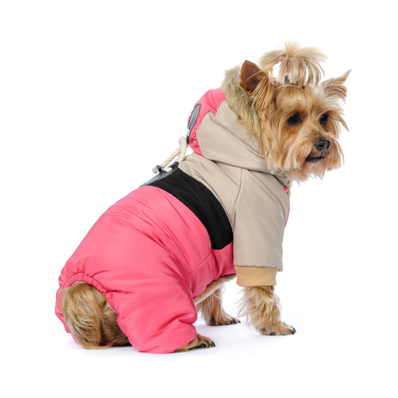 Комбинезон для собак бежево-розовый с капюшоном пристегивающимся девочка 1