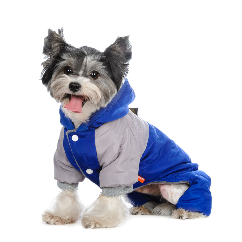 Комбинезон для собак сине-бежевый с капюшоном пристегивающимся