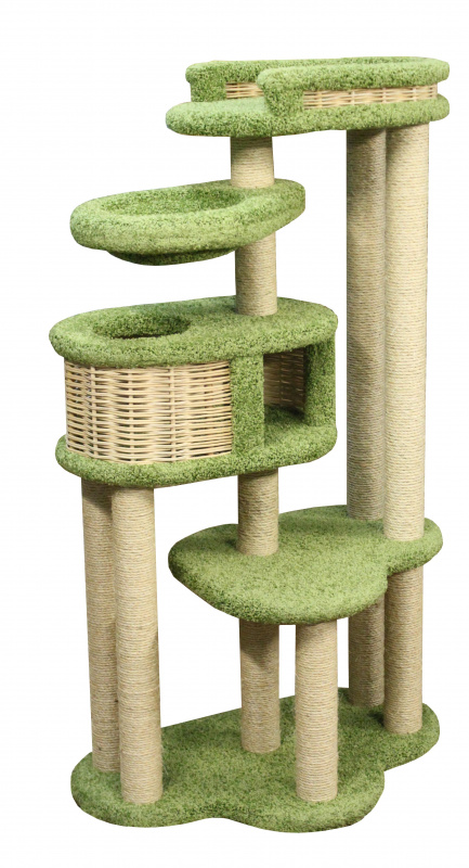 Спально-игровой комплекс для кошек с домиком и когтеточкой Басик+ многоярусный с площадками, лежаками и гамаком, зеленый, 60х100х170 см