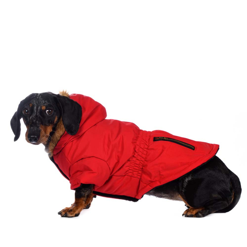 Куртка для собак приталенная с меховым капюшоном красная M