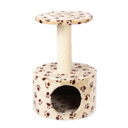 Дом-когтеточка для кошек CANDY круглый с площадкой, бежевый/коричневый, принт: кошачьи лапки, 39х39х61 см