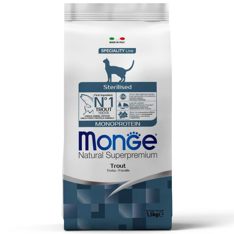 Monoprotein Sterilised Trout сухой корм для стерилизованных кошек с форелью, 1,5кг