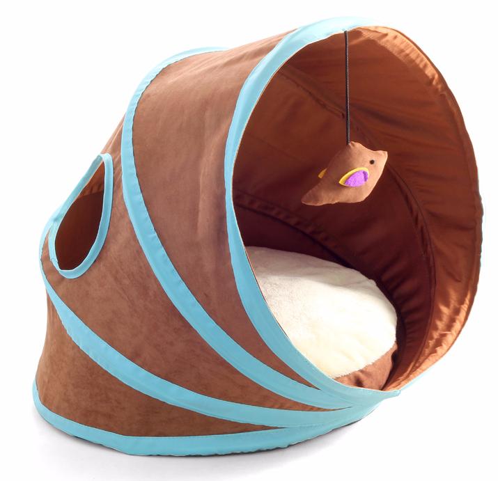 Лежанка-туннель для кошек, коричневая, сборная с игрушкой, 38х43х35 см