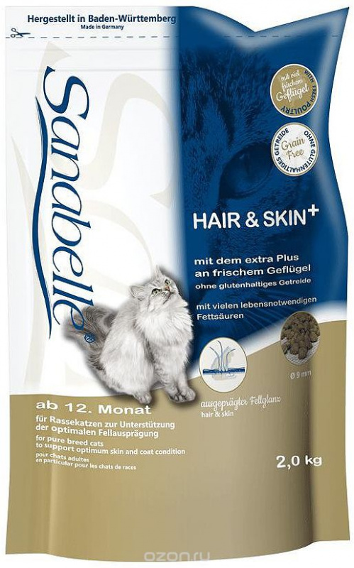 Sanabelle Hair/Skin сухой корм для кошек для здоровья шерсти и кожи 2 кг