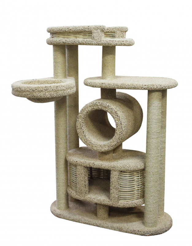 Спально-игровой комплекс для кошек с домиком и когтеточкой Бобоша массив сосны многоярусный с площадками, бежевый, 42х102х140 см
