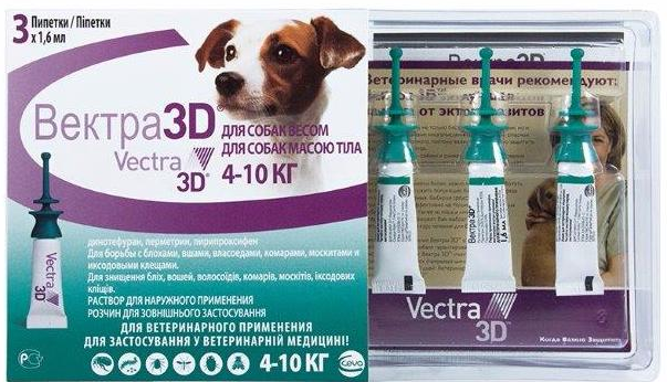 Вектра 3D капли на холку для собак весом от 4 до 10 кг от блох, клещей и комаров, 3 пипетки