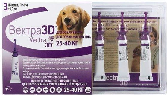 Вектра 3D капли на холку для собак весом от 25 до 40 кг от блох, клещей и комаров, 3 пипетки
