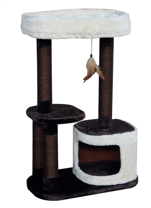 Дом-когтеточка для кошек AINA с лежанкой и подвесной игрушкой, коричневый/белый, 50x40x90 см