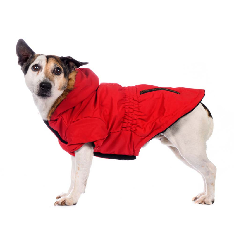 Куртка для собак приталенная с меховым капюшоном красная XL 3