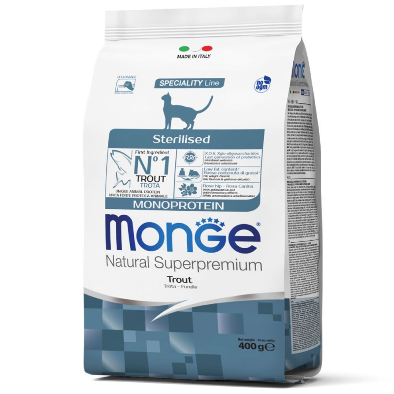 Monoprotein Sterilised Trout сухой корм для стерилизованных кошек с форелью, 400г 1