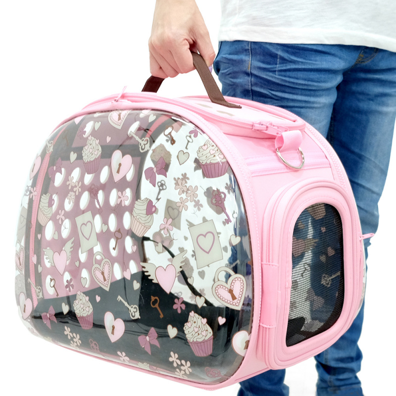 Складная сумка-переноска для собак и кошек до 6 кг прозрачная/розовая дизайн сердечки 4