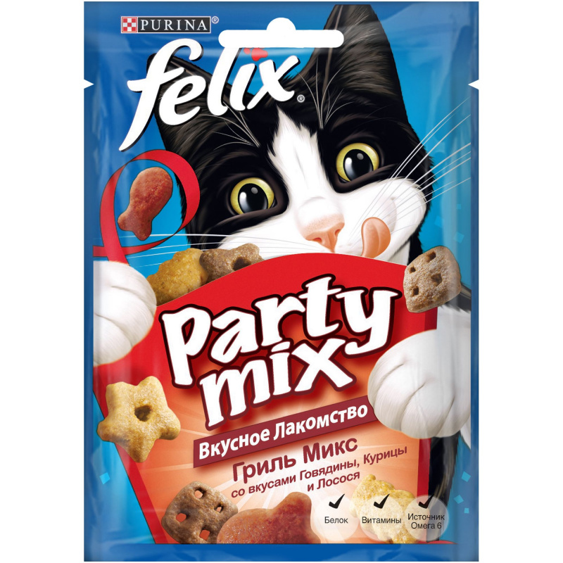 Party Mix Гриль-микс лакомство для кошек, со вкусом говядины, курицы и лосося, 20 г