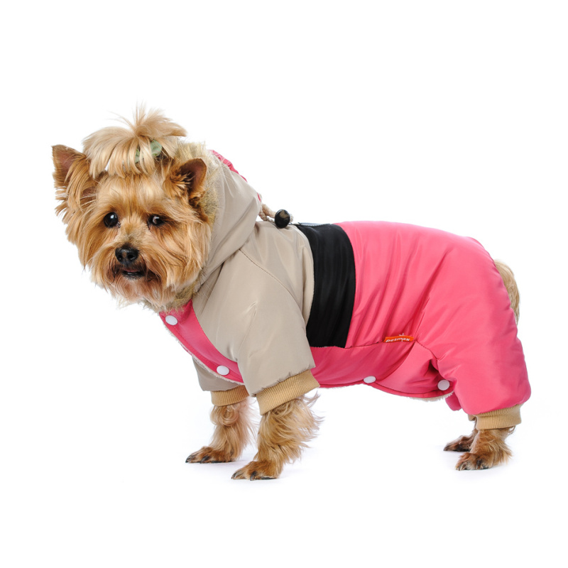Комбинезон для собак бежево-розовый с капюшоном пристегивающимся девочка