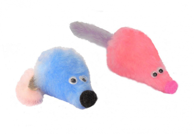 Игрушка для кошек Мышь голубая и розовая с хвостом из натуральных тканей, 7 см