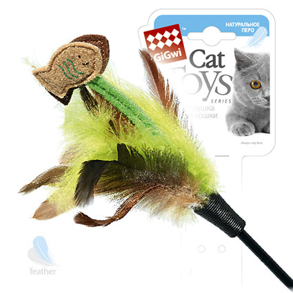 Игрушка для кошек Дразнилка с рыбками на длинной палке, ткань, пластик,куриное перо 75см