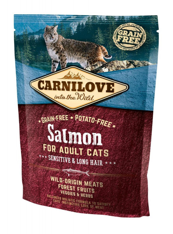 Sensitive & Long Hair Salmon for Adult корм для улучшения состояния шерсти кошек, с лососем, 400 г