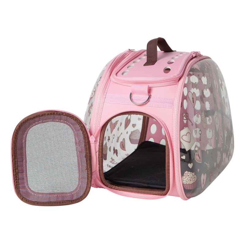 Складная сумка-переноска для собак и кошек до 6 кг прозрачная/розовая дизайн сердечки 2