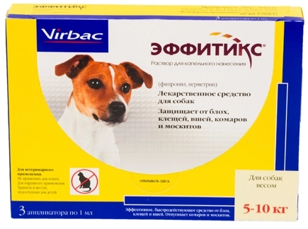 Эффитикс капли на холку для собак весом от 5 до 10 кг от блох, клещей и комаров, 3 пипетки