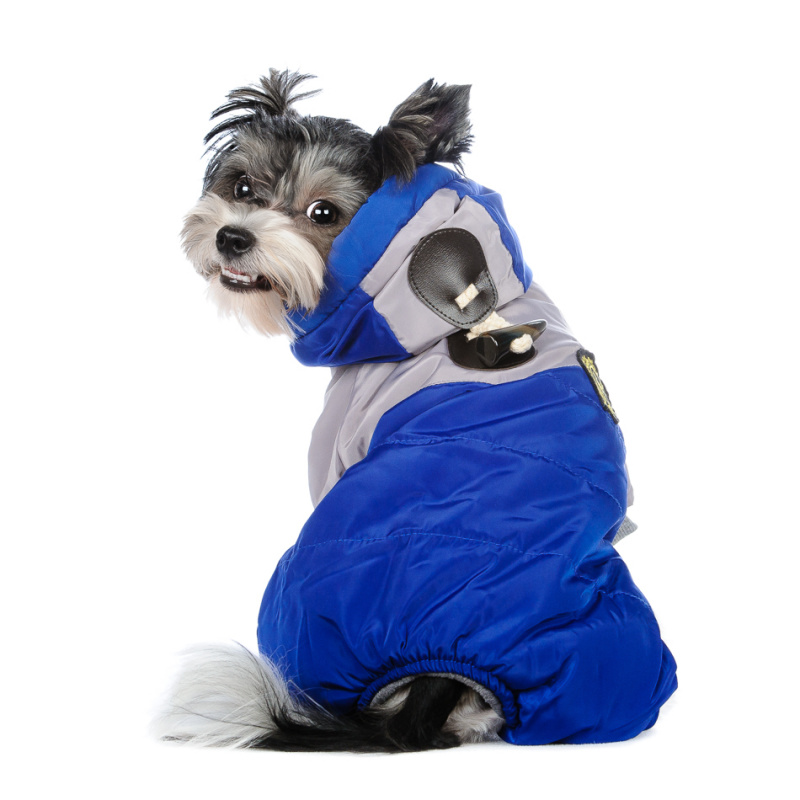 Комбинезон для собак сине-бежевый с капюшоном пристегивающимся 1