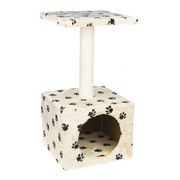 Дом-когтеточка для кошек Vicenza квадратный с площадкой, бежевый, рис. Кошачьи лапы, 30х30х55 см