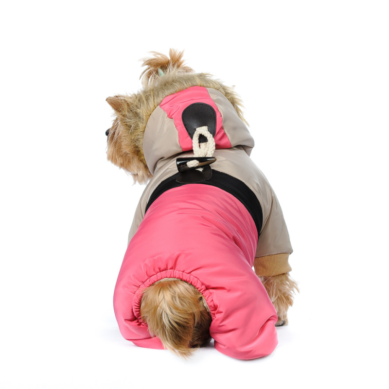 Комбинезон для собак бежево-розовый с капюшоном пристегивающимся девочка 2