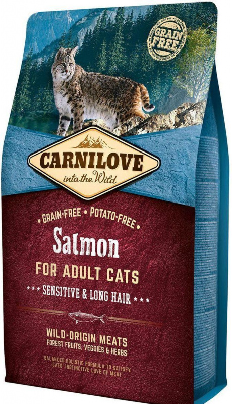 Sensitive & Long Hair Salmon for Adult корм для улучшения состояния шерсти кошек, с лососем, 2 кг