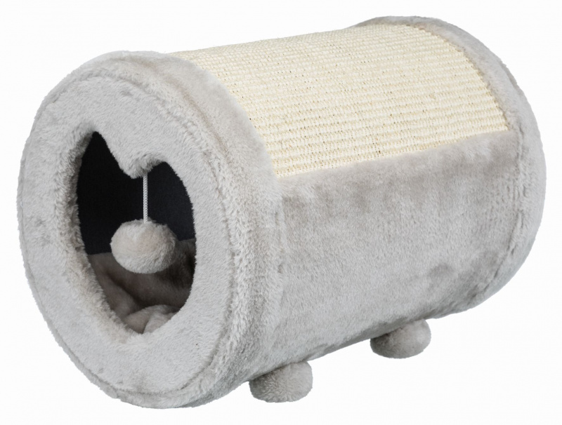 Дом-когтеточка для кошек в виде бочонка на ножках, с подвесной игрушкой, серый, 27х27х39 см