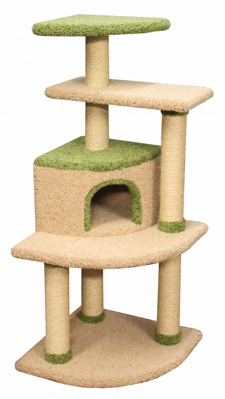 Игровой комплекс для кошек с лежаком и когтеточкой Агути многоярусный, бежевый/зеленый, 60х60х145 см
