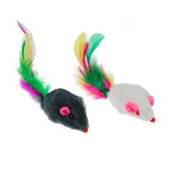 Игрушка для кошек Мышка (натуральный мех) с перьями разноцветная 5 см