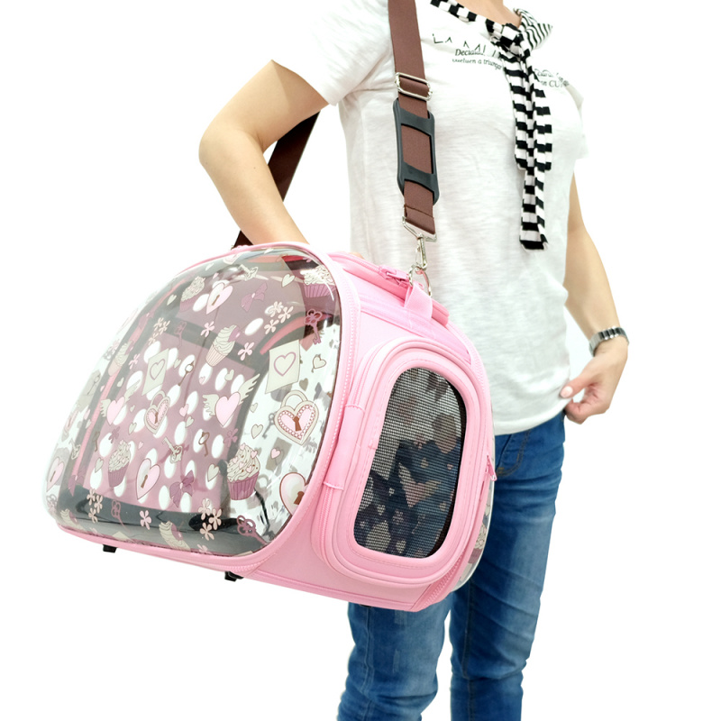Складная сумка-переноска для собак и кошек до 6 кг прозрачная/розовая дизайн сердечки 5