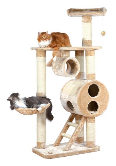 Спально-игровой комплекс для кошек с домиком и когтеточкой Mijas трехэтажный с лестницей и игрушкой, бежевый, 46х76х176 см