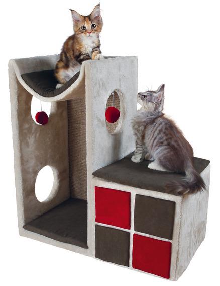 Игровой комплекс для кошек Nevio с домиком, игрушками и лежаками, светло-серый/красный, 41х37х71 см