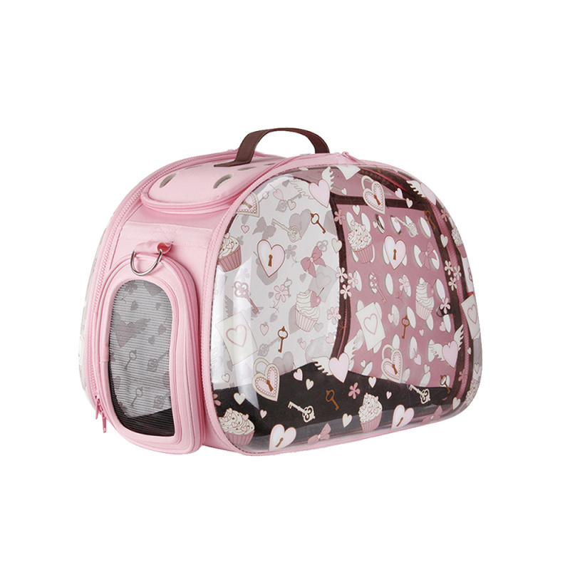 Складная сумка-переноска для собак и кошек до 6 кг прозрачная/розовая дизайн сердечки