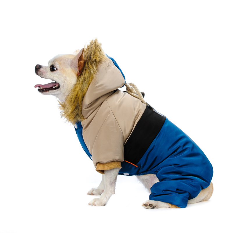 Комбинезон для собак бежево-синий с капюшоном пристегивающимся
